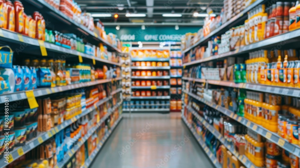 Aisle view of a grocery store with shelves stocked with diverse food products, captured during a quiet shopping moment.