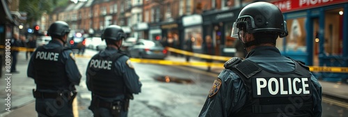 Police officers collaborating at the perimeter of a sealed-off crime scene area