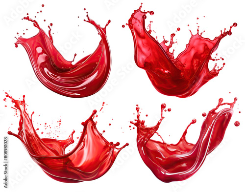 Set of red splashes of a liquid similar to red berry jam, juice or punch, cut out photo