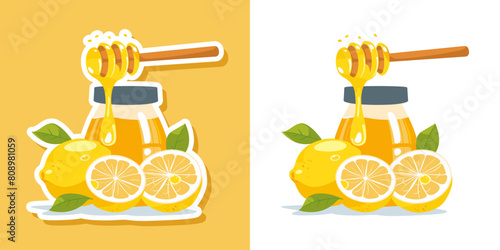 honey in a clear jar and honey dripper with lemon sliced on white background vector illustration in flat style. Jar of sweet honey and lemon