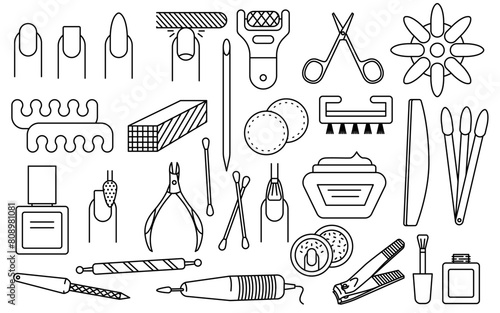 Nail Manicure Line Icons Stroke. Manicure equipment. Cartoon professional hand nail care tools, stylish icons