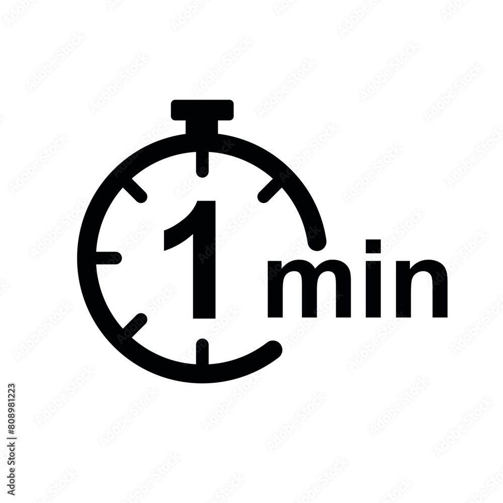 1 minute timer icon, stopwatch or countdown icon of 1 minute flat vector illustration isolated on white background. 1 minute timer icon, stopwatch or countdown icon of 1 minute flat vector illustration isolated on white background.