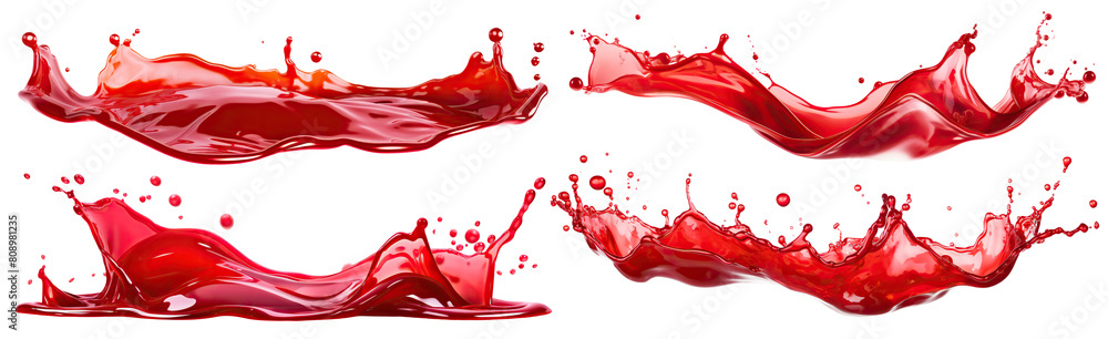 Set of red splashes of a liquid similar to red berry jam, juice or punch, cut out Set of red splashes of a liquid similar to red berry jam, juice or punch, cut out