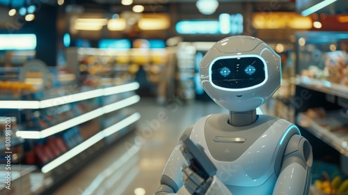 A humanoid robot with a digital face screen is assisting within a modern grocery store environment.