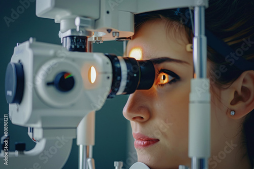 close up of woman checking her eyesight at the ophtalmologist photo