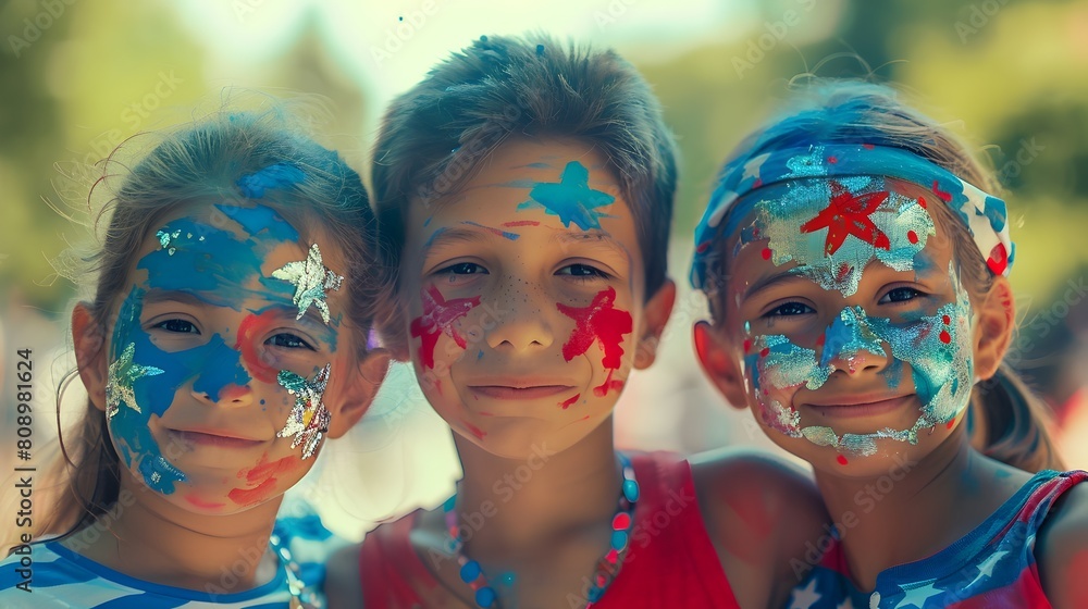 Fototapeta premium Joyful Children Celebrating American Independence with Vibrant Flag-Inspired Face Paint