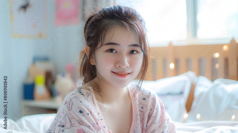 Charming Asian Woman Relaxing on Bed in Cozy Bedroom Setting Charming Asian Woman Relaxing on Bed in Cozy Bedroom Setting