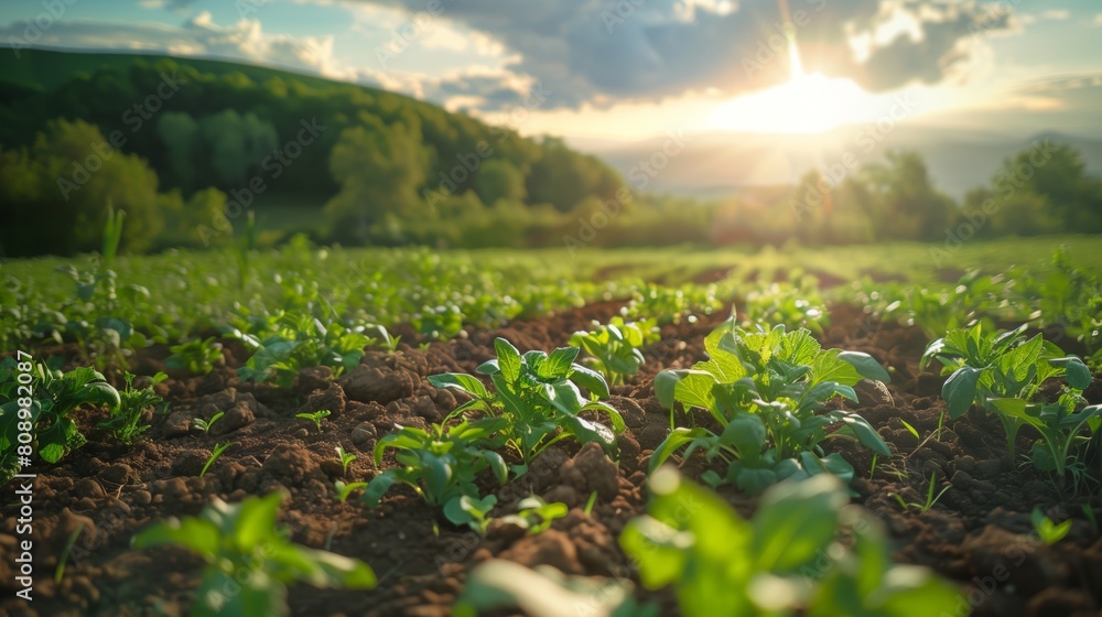 A field of vibrant green plants basking in the warm glow of the setting sun A field of vibrant green plants basking in the warm glow of the setting sun