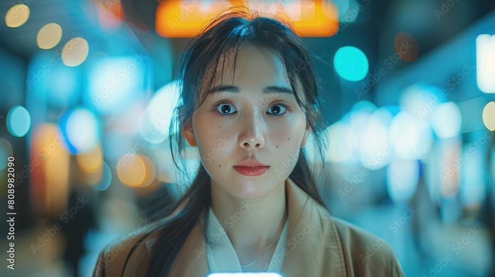 Asian businesswoman utilizes a mobile app for online banking while navigating the bustling city streets Asian businesswoman utilizes a mobile app for online banking while navigating the bustling city streets