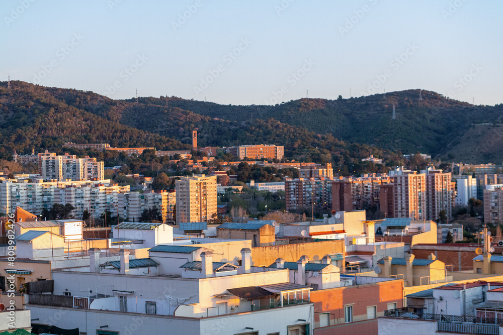 dawn, colored sky, morning city, mountains, houses