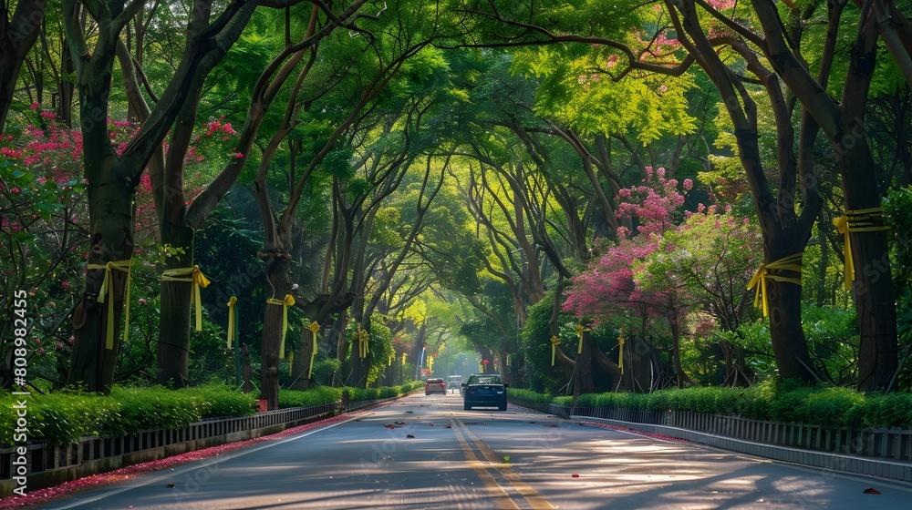 Lush Green Canopy Lines Serene Road Winding Through Scenic Forest Entrance Lush Green Canopy Lines Serene Road Winding Through Scenic Forest Entrance