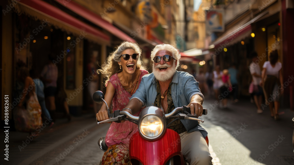 Joyful Senior Couple Riding a Classic Scooter in a Bustling Street Scene