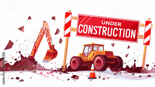 A yellow construction vehicle is digging up dirt next to a red and white "Under Construction" sign. Isolated on white background, 16:9