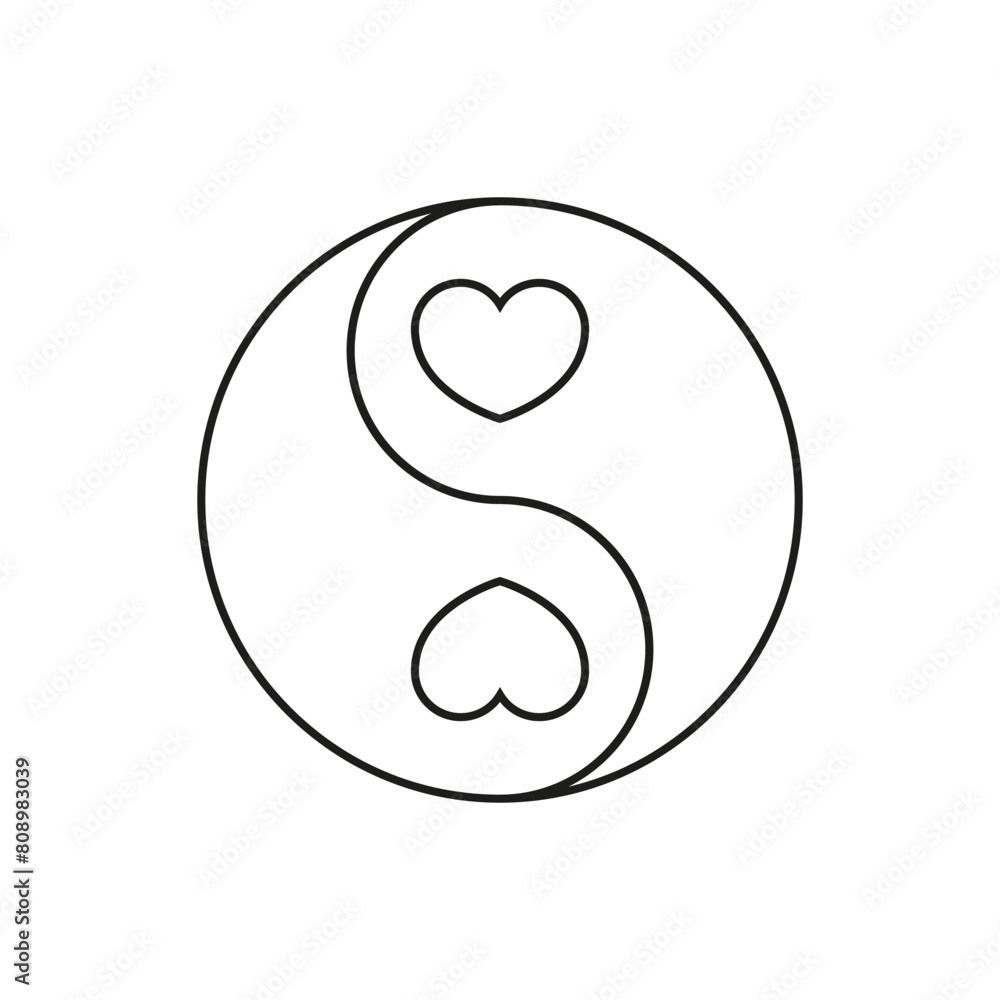 Two hearts inside yin yang. Outline vector on a white background. Two hearts inside yin yang. Outline vector on a white background.