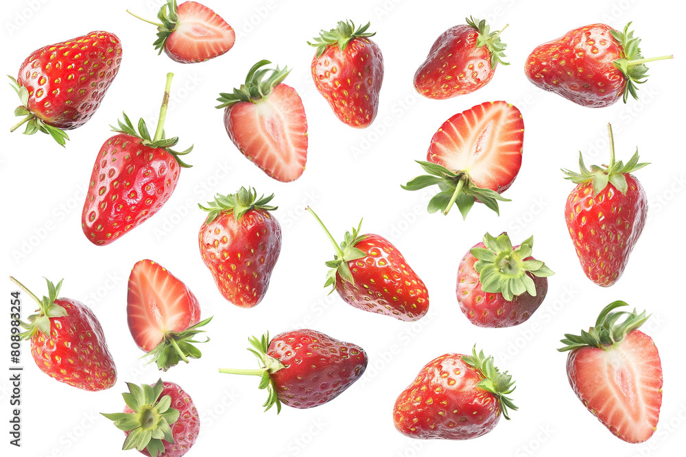 Flying or falling strawberries on transparent, PNG or white background. Fresh strawberry fruit. For food packages or Ads. Flying or falling strawberries on transparent, PNG or white background. Fresh strawberry fruit. For food packages or Ads.