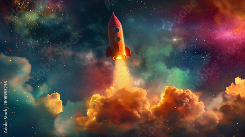 A rocket is flying through the sky with a colorful background