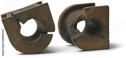 фотографія used broken vehicle stabilizer rubber bushings, dirty worn-out car parts isolate