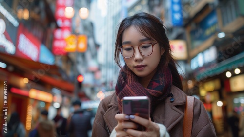 efficiency, a young Asian businesswoman utilizes a mobile app for online banking while navigating the bustling city streets