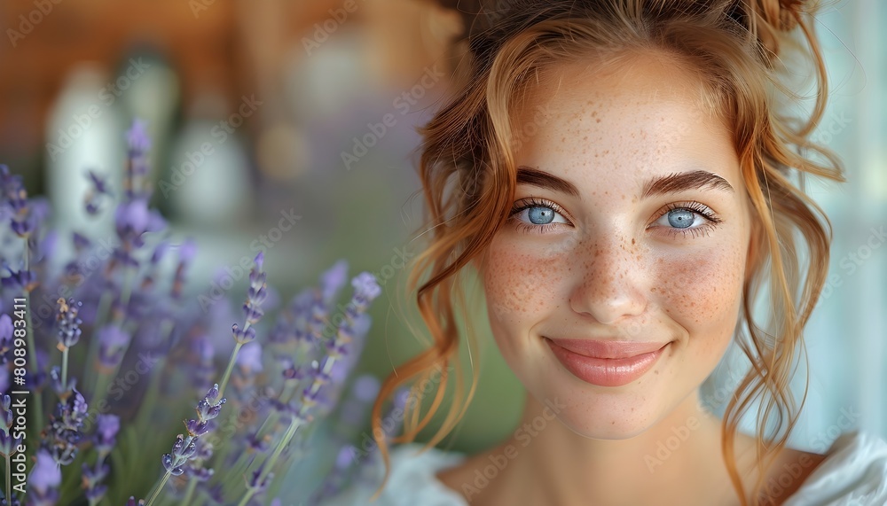portrait of a woman in a lavender field. model for beauty products ad, copy space for text. Close up smiling beautiful woman with lavender . purple natural background portrait of a woman in a lavender field. model for beauty products ad, copy space for text. Close up smiling beautiful woman with lavender . purple natural background