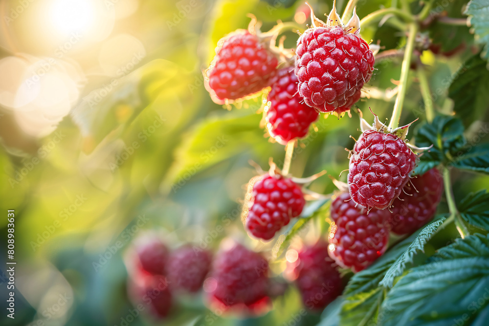raspberries on the bush in summer garden, summer background raspberries on the bush in summer garden, summer background
