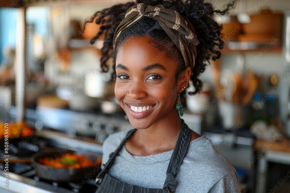 Young female cook with braided hair and sincere smile is in a modern kitchen with kitchenware Young female cook with braided hair and sincere smile is in a modern kitchen with kitchenware