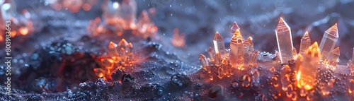 The growth of crystals on a supercooled surface, each formation uniquely patterned and glowing photo