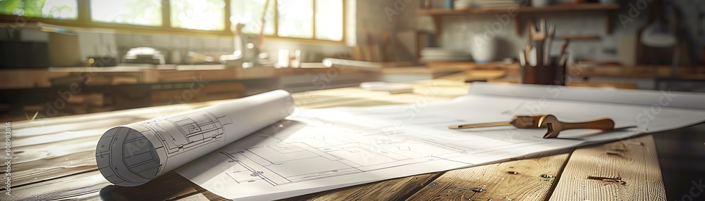 Creative workspace with architectural blueprints, tools visible, bright daylight, modern rustic table Creative workspace with architectural blueprints, tools visible, bright daylight, modern rustic table
