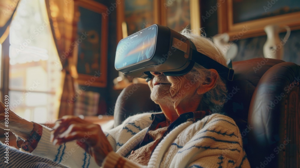Obraz premium The curiosity of an elderly individual exploring virtual reality travel experiences to visit destinations they've always dreamed of.