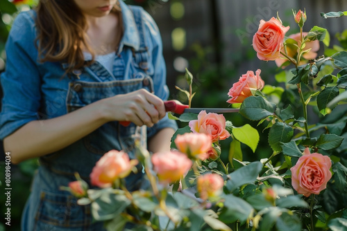 Young woman prunes roses in the backyard