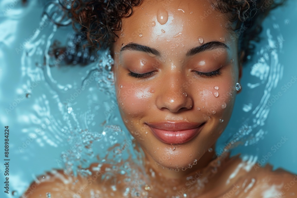 A woman's contented face is adorned with water droplets, showcasing hydration and a healthy glow A woman's contented face is adorned with water droplets, showcasing hydration and a healthy glow