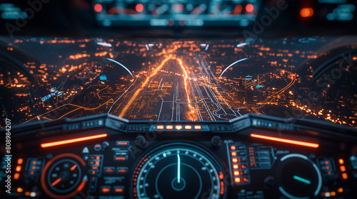 A cockpit view of a plane with a city in the background