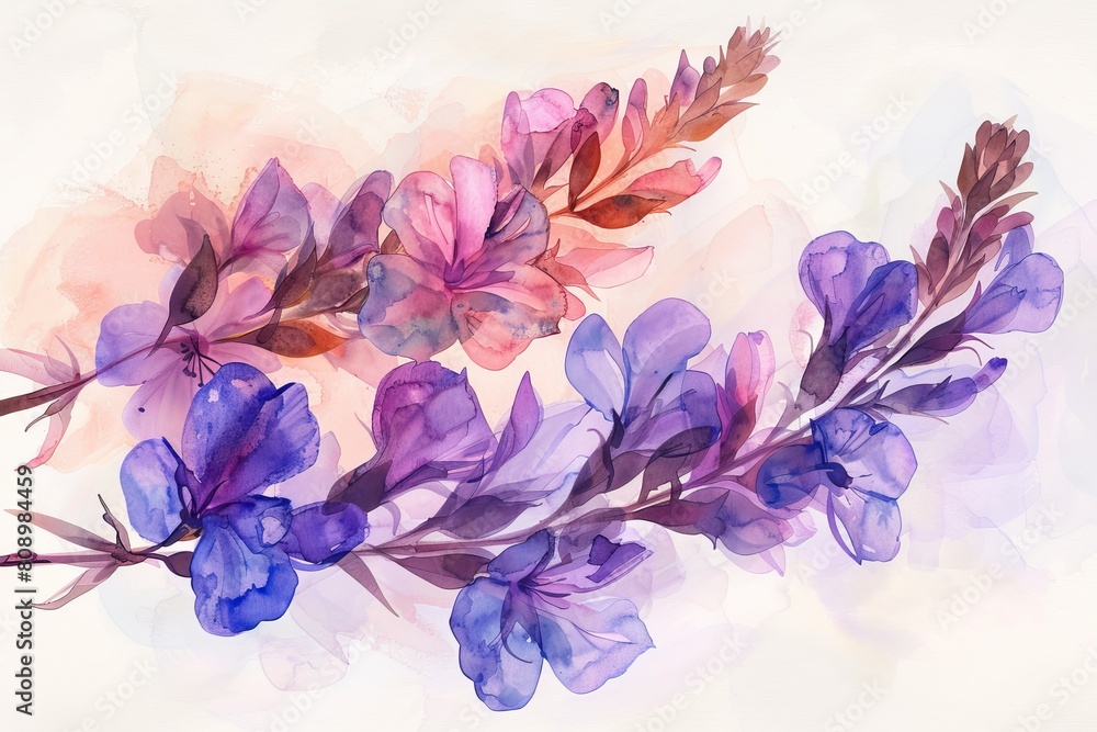 Painted with delicate precision, the Statice flower emerges in watercolor, its clusters of tiny blooms in shades of purple, blue, and white creating a captivating tapestry of color and texture.