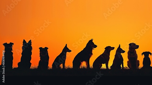 A line of various dogs in silhouette against a bright orange sunset  conveying a mood of serenity and watchfulness  perfect for themes of loyalty and protection.