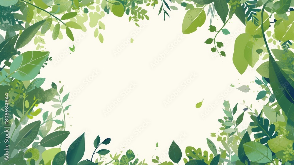 portrait illustration frame with green leaves border on white background