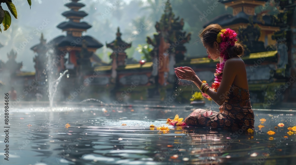 Fototapeta premium An ancient cleansing ritual at the sacred Tirta Empul spring in Ubud, Bali, Indonesia.