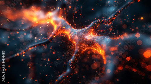 A close up of a glowing, orange and blue brain with a lot of dots