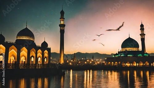 Silhouettes of pilgrims asking for divine blessings to inspire good fortune in life. blurred background mosque building The golden light of the sunset. photo