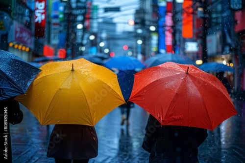 The vibrant colors of three umbrellas add life to the bustling city scene  while rain falls and lights reflect