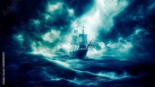 illustration of a ship on a stormy sea while thunder photo