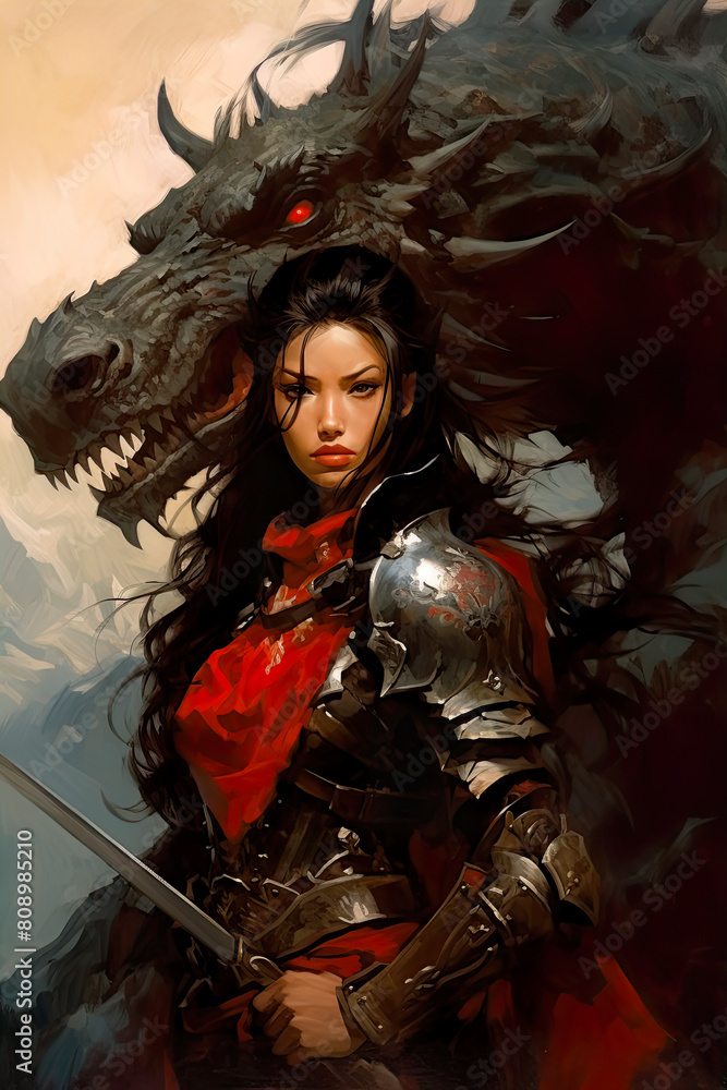Female warrior and dragon. Fantasy art. Book covers, wallpaper, consept art.
