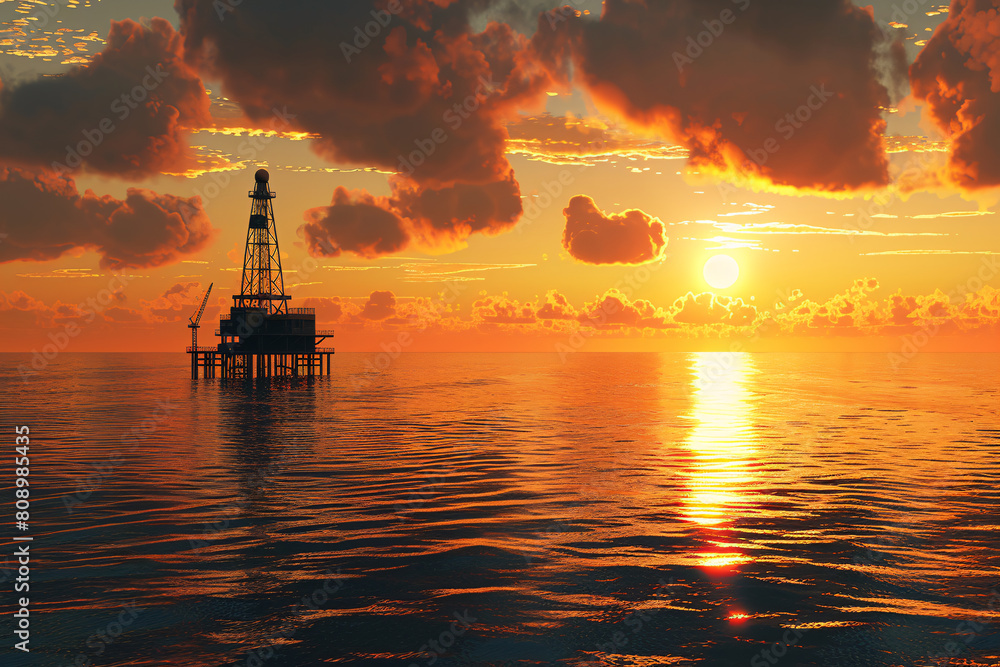 Fototapeta premium Silhouette of oil derrick in the ocean with sunset