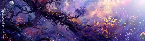 Illustrate a surreal celestial garden seen from above Create a kaleidoscope of twisted vines photo