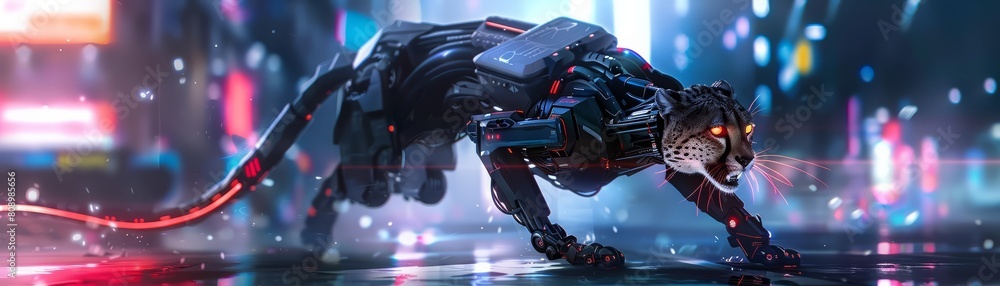 A robotic cheetah dashes through a neonlit urban jungle, its sleek design highlighting advanced technology A robotic cheetah dashes through a neonlit urban jungle, its sleek design highlighting advanced technology