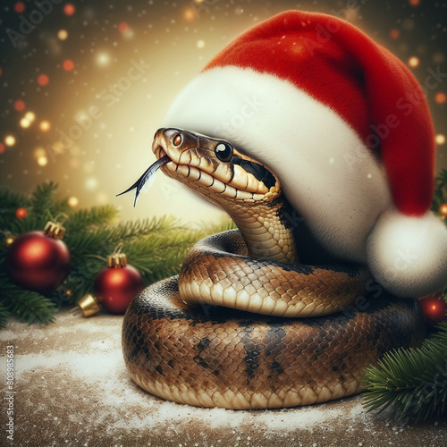 Snake in a santa hat. AI