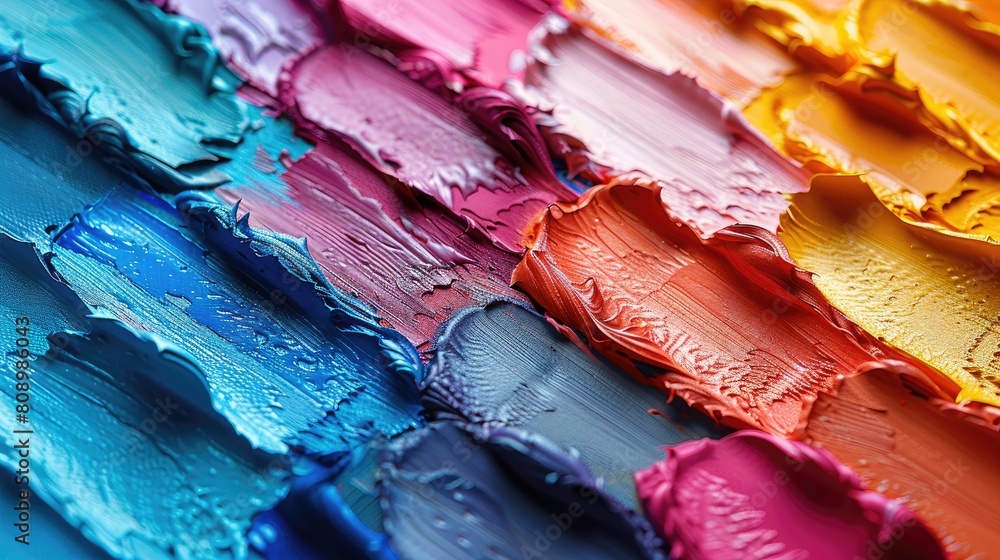 Close-up of an artist's palette with a vibrant paintbrush and multicolored paint