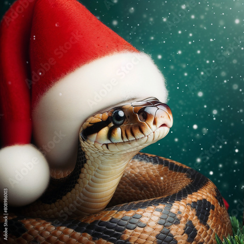 Snake in a santa hat. AI