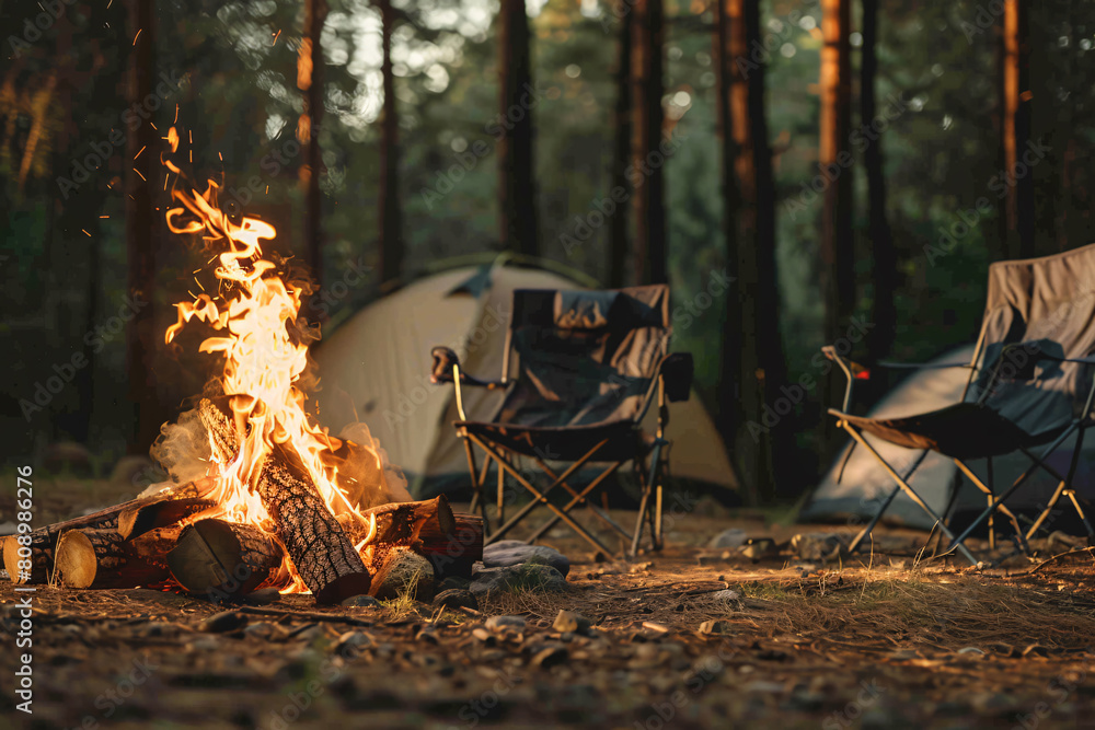 Bonfire near chairs and camping tent in forest