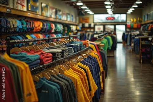 Rows of vibrant shirts and sweaters displayed on hangers against a blurred store background, suggesting a shopping scene
