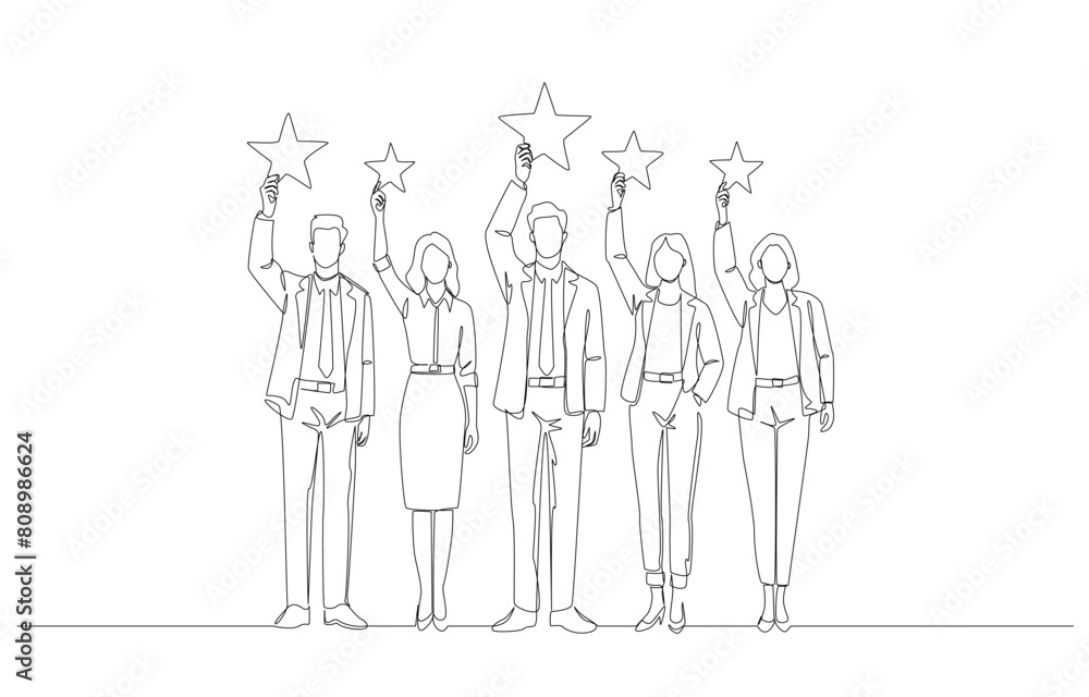 Continuous one line drawing of business team raising stars, high quality business team, teamwork with best performance concept, single line art. Continuous one line drawing of business team raising stars, high quality business team, teamwork with best performance concept, single line art.