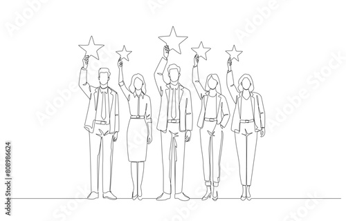 Continuous one line drawing of business team raising stars, high quality business team, teamwork with best performance concept, single line art.